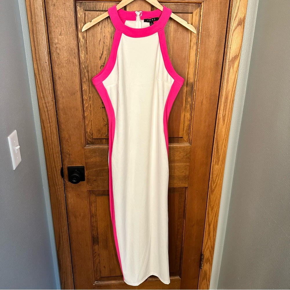 FORE Bodycon Color Block Midi Dress Hot Pink White Barbie Resortwear Cocktail  💕